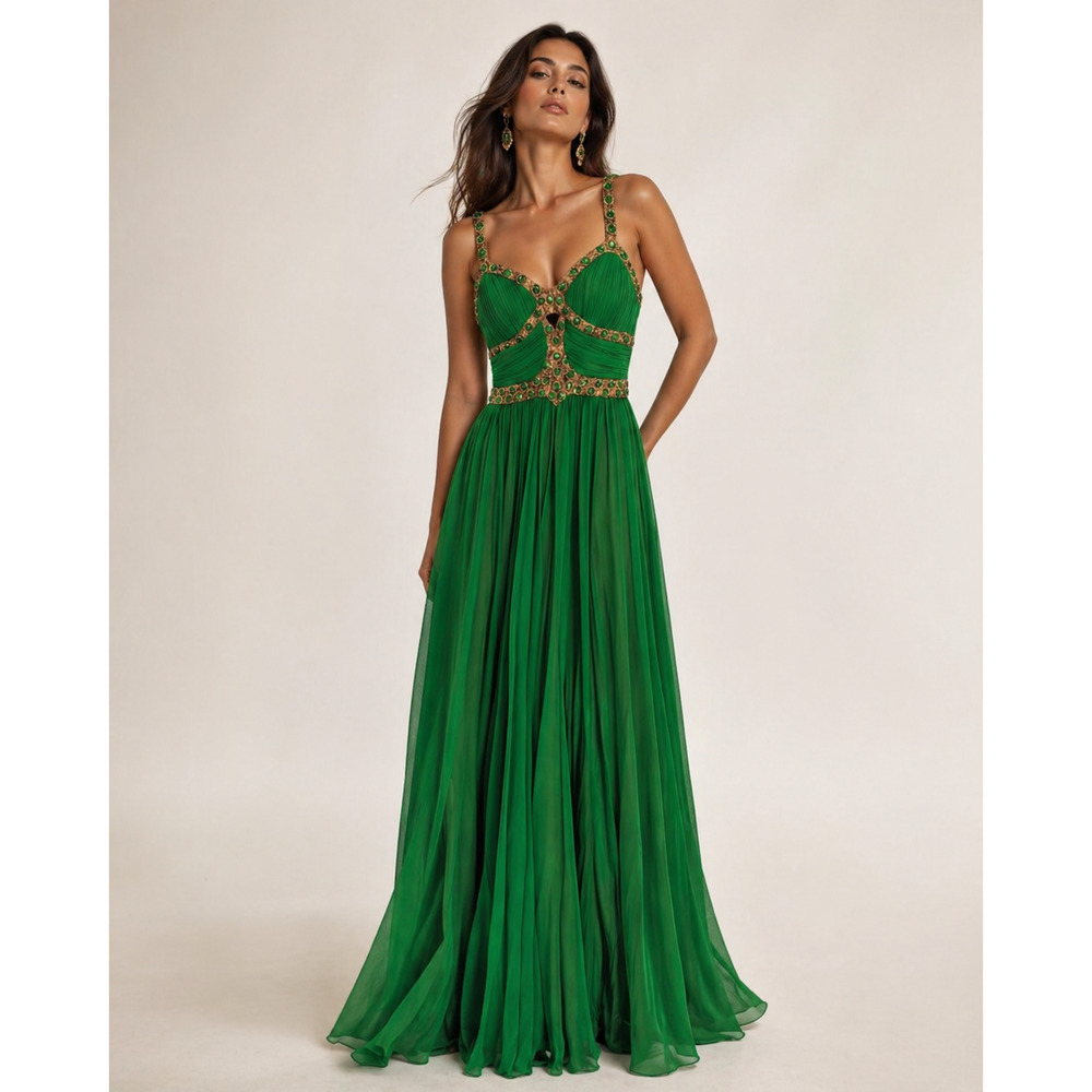 Mandalay Silk Gown 8 Green Beaded Formal Dress Cutout Back NWT